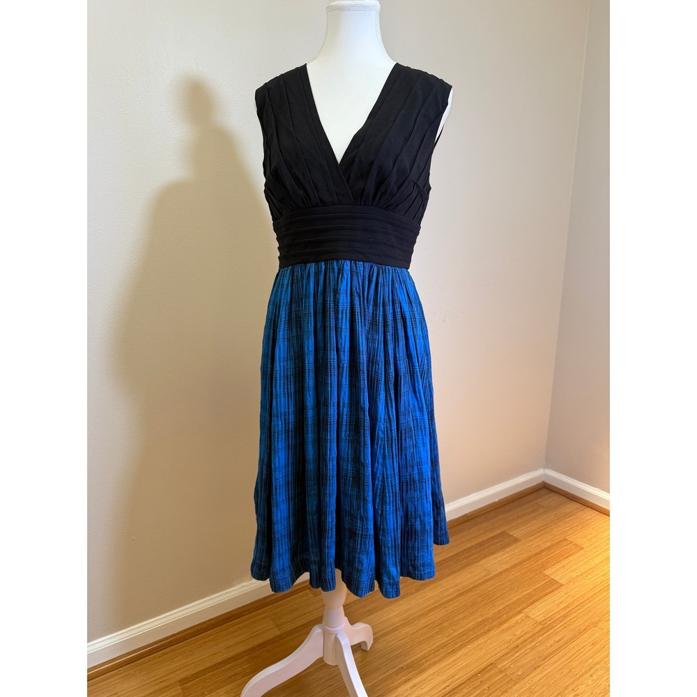 Tracy Reese Fit and Flare Dress Womens 10 Blue Black Plaid Pleated Sleeveless
